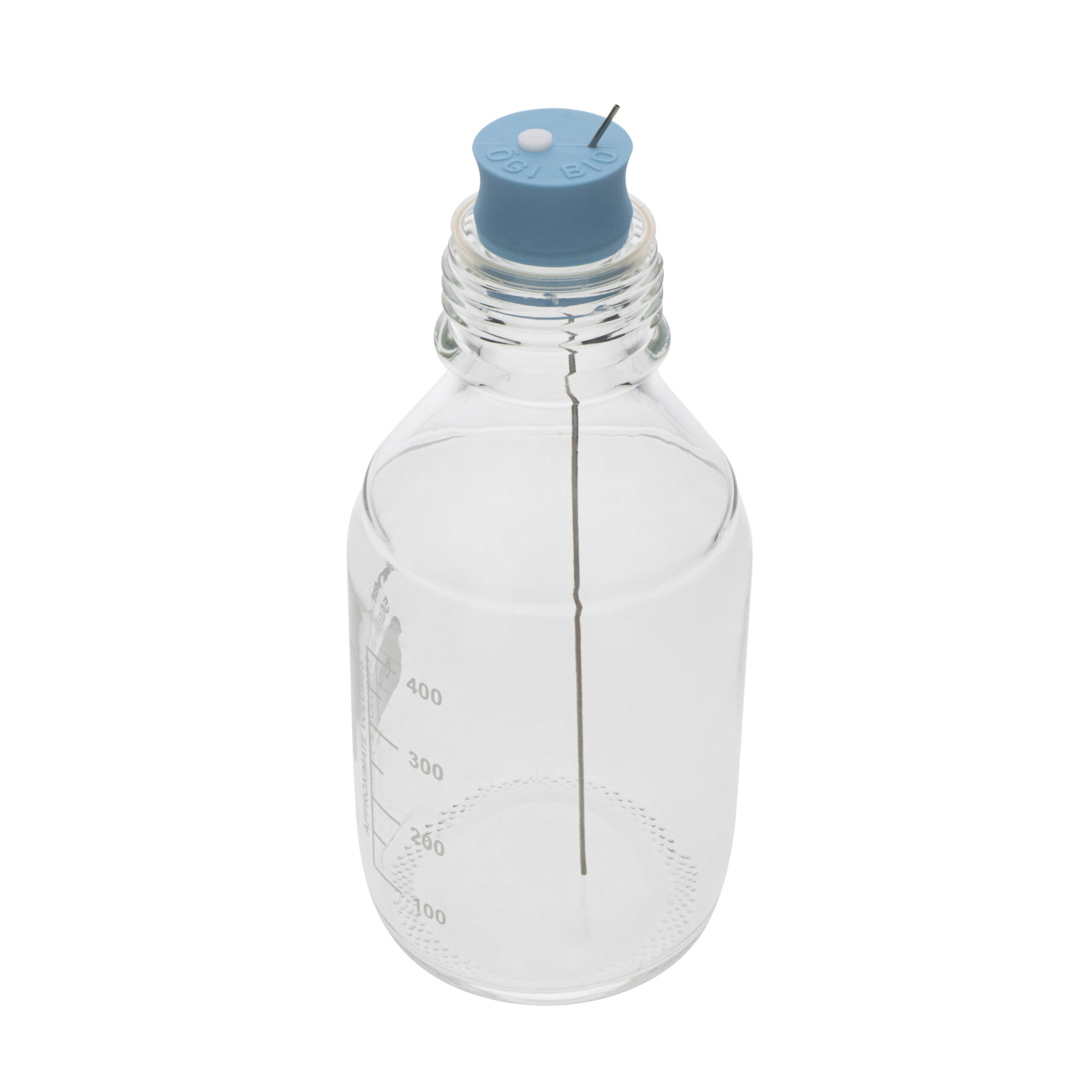 Empty source/drain bottle with stopper in place. A white filter is in the stopper allowing sterile liquid handling.
