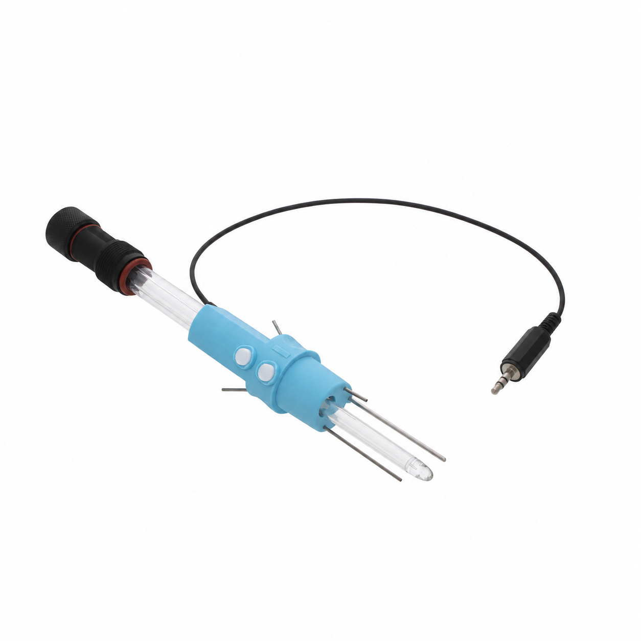 OGI3 flask stopper with autoclavable pH probe inserted. A cable from a temperature probe in its sleeve is shown.