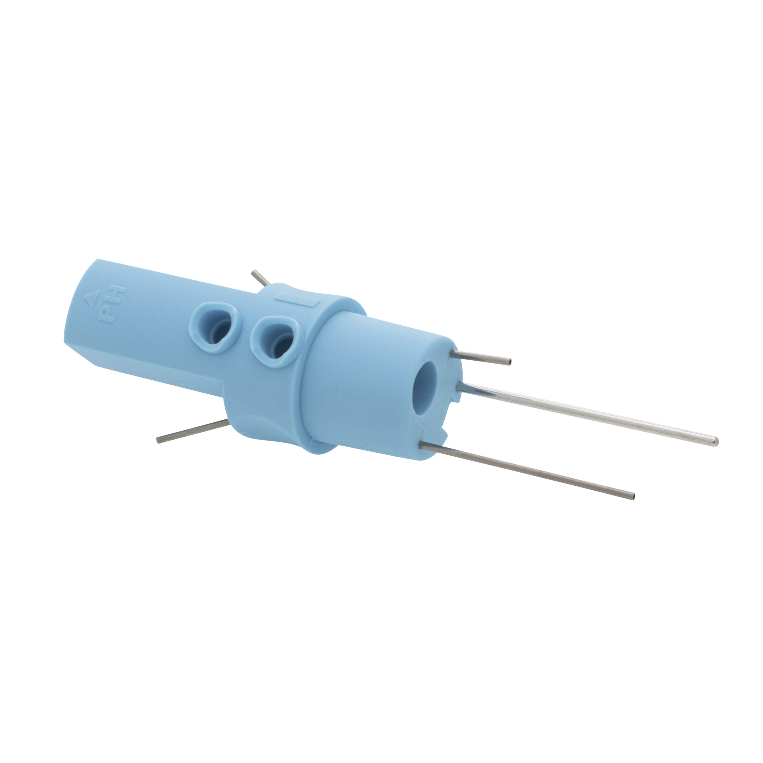 OGI3 Base Unit culture flask stopper with temperature sleeve, input needle and output needle. Holes for filters are empty.