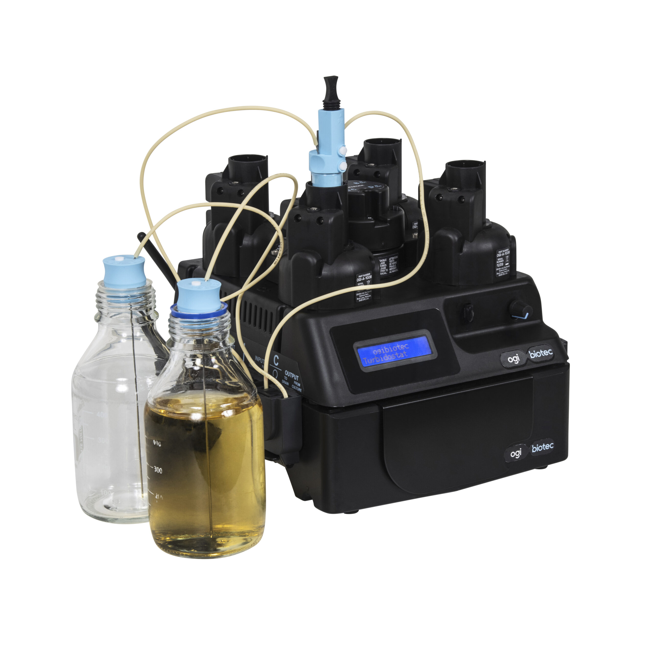 An example of an experimental setup with the OGI3 base unit and liquid control module. A bottle of source broth media is shown with an empty waste bottle.
