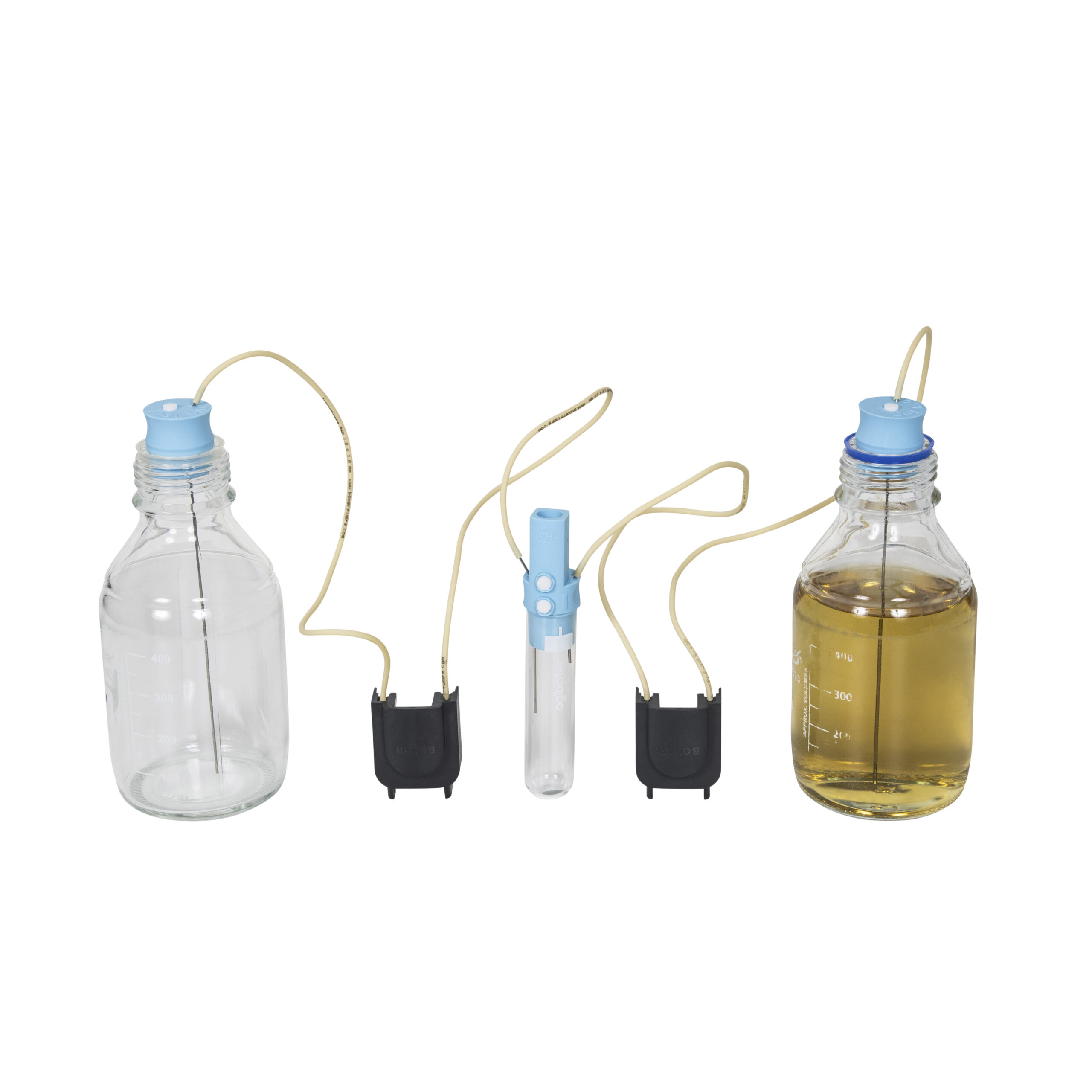 One culture flask connected to a source bottle of broth media and an empty waste flask through liquid control pump clips disconnected from device.