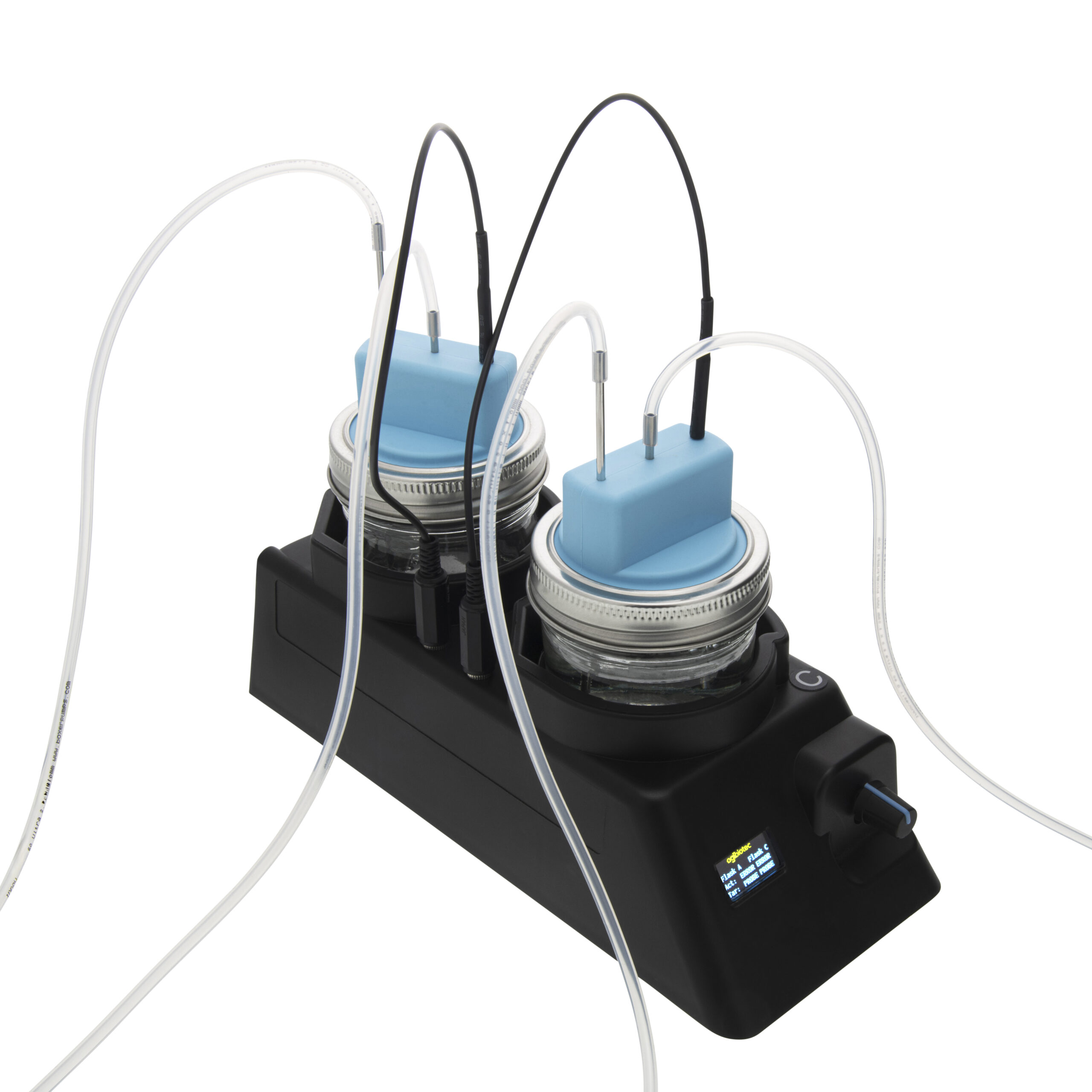 Sparging unit pre-humidifier module shown fully set up with jars connected to gas lines.
