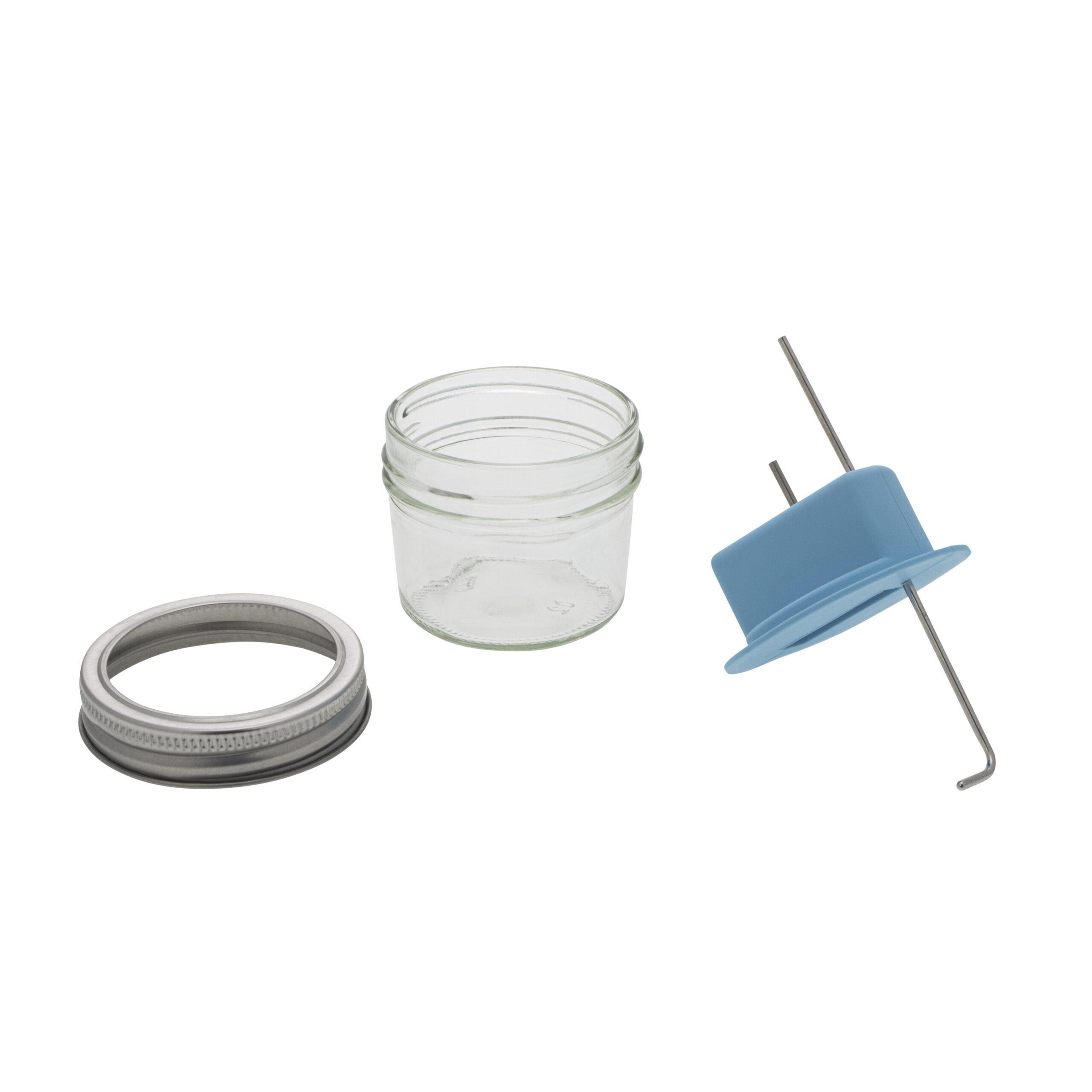 Disassembled pre-humidifier flask showing metal closure ring and blue silicone stopper.