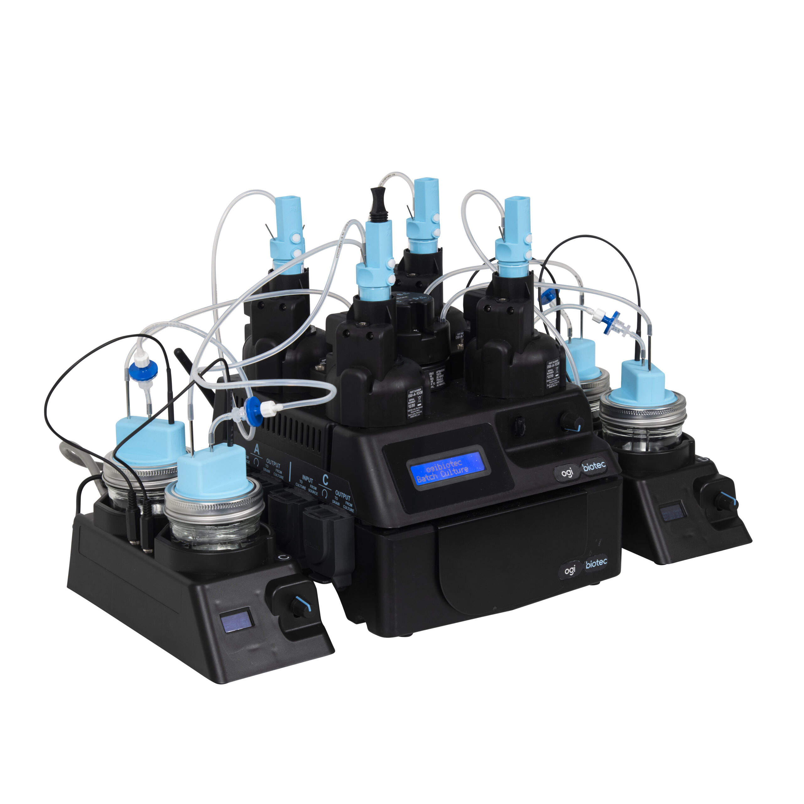 OGI3 system with sparging module and pre-humidifier module shown fully connected and powered on.