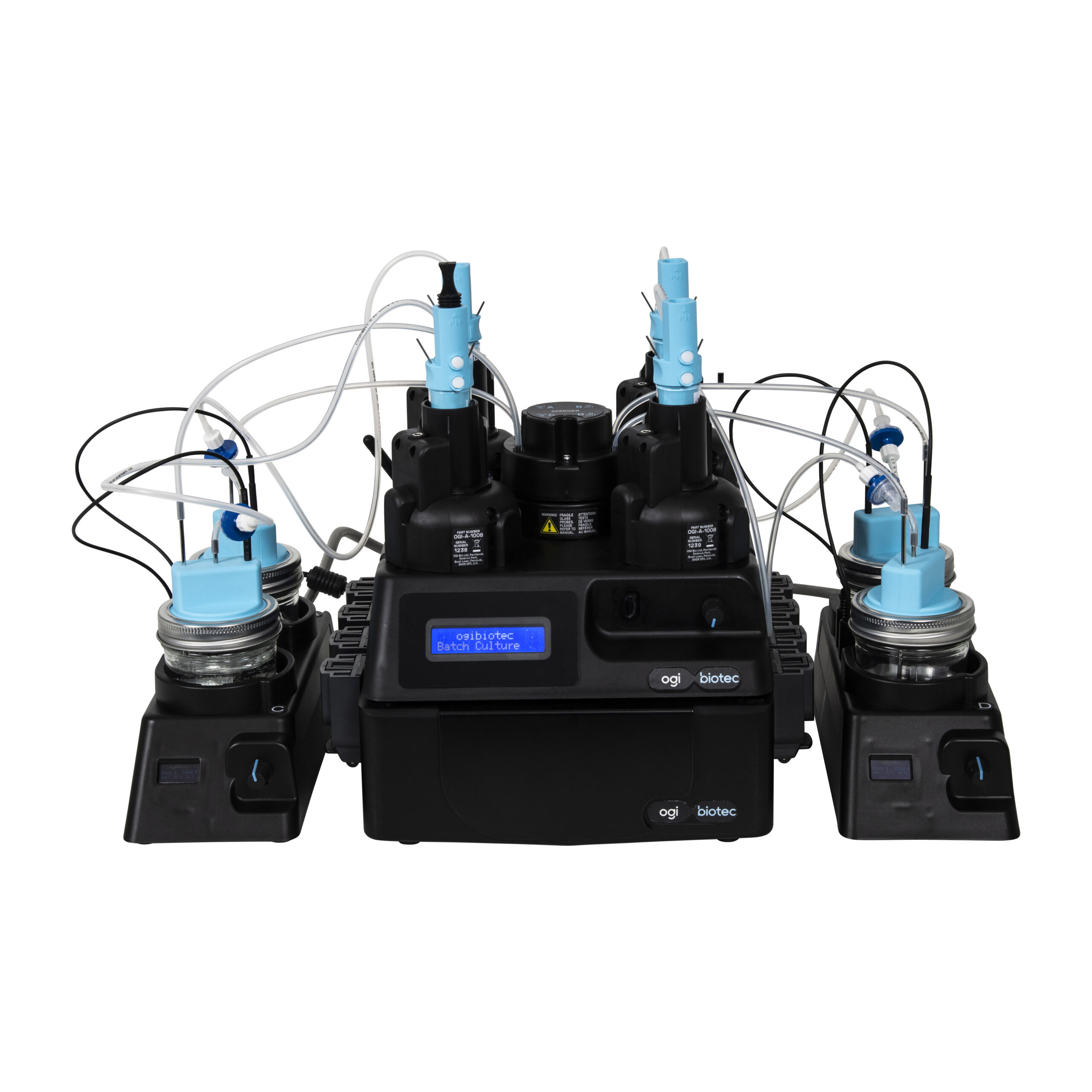 Front-view of OGI3 system with sparging module and pre-humidifier module fully connected and powered on.